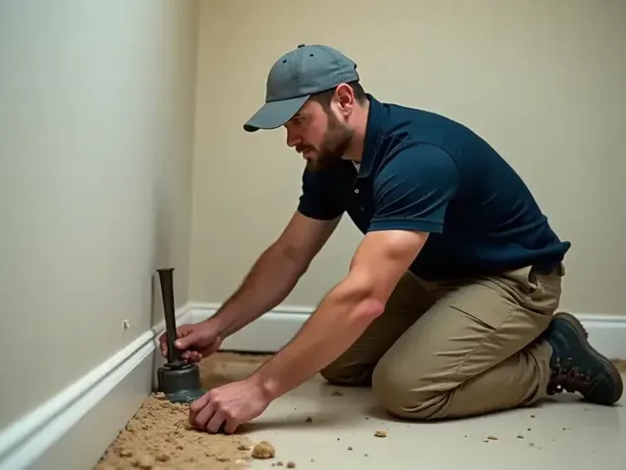 Technician checking a damp baseboard with a moisture meter