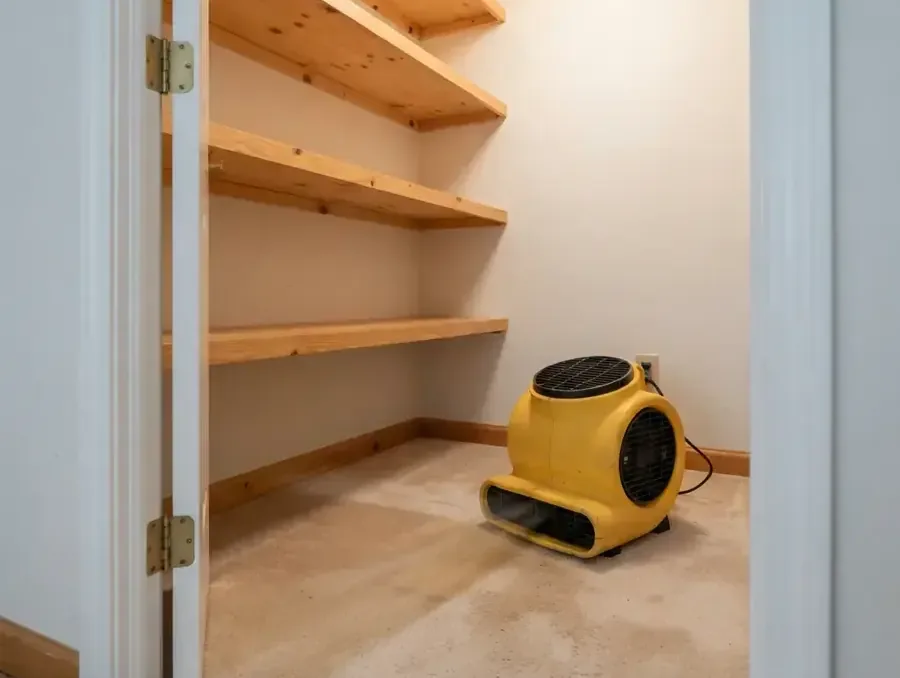 A yellow air mover dries an empty storage room