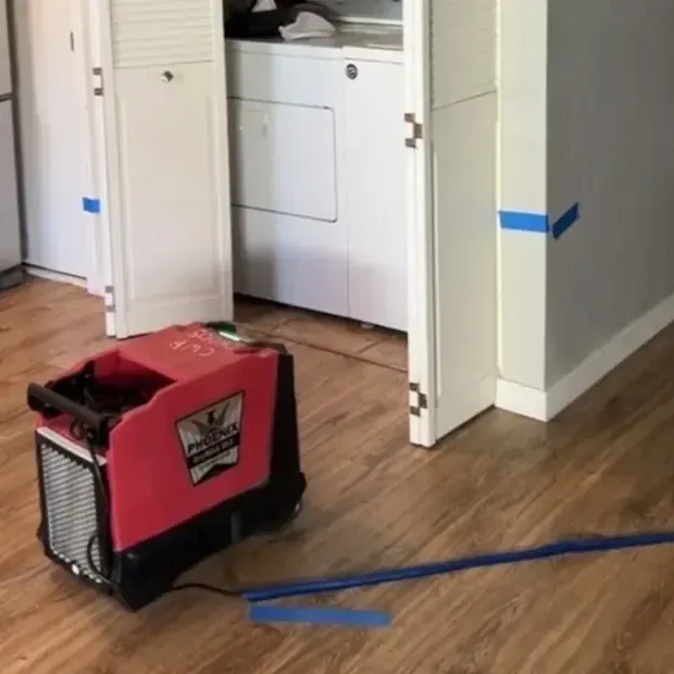 Red dehumidifier positioned outside an open laundry closet during drying