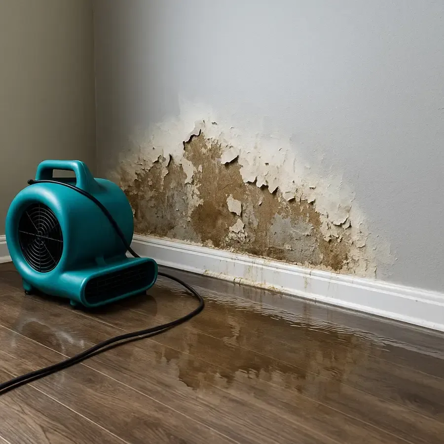 A drying fan faces a water-damaged wall above wet wood flooring