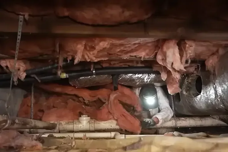 Sagging insulation surrounds pipes and ductwork beneath floor joists