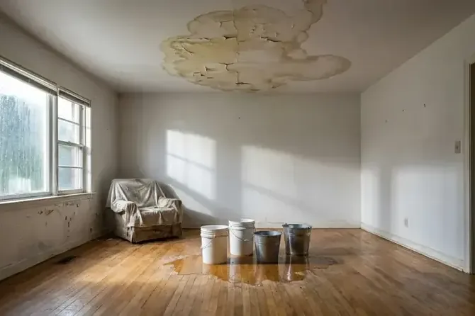A broad rainwater stain across an interior ceiling