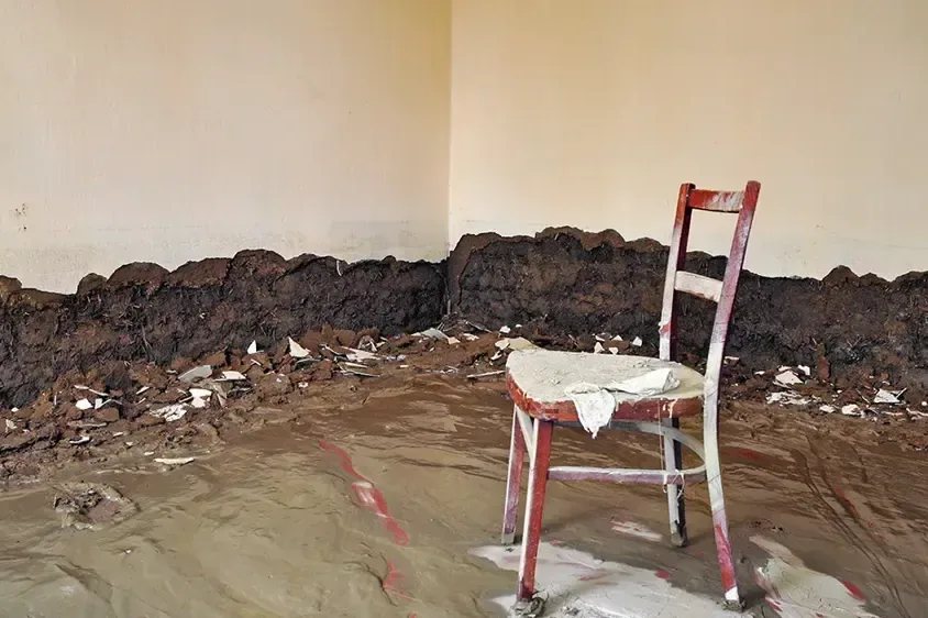 Mud and flood debris along an opened wall inside a home