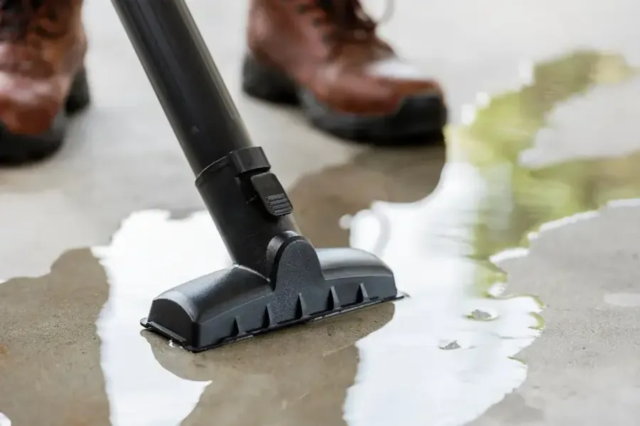 An extraction wand removes standing water from a wet floor
