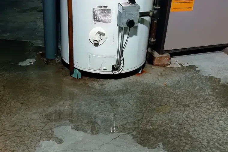 Water surrounding a heater and spreading across the floor